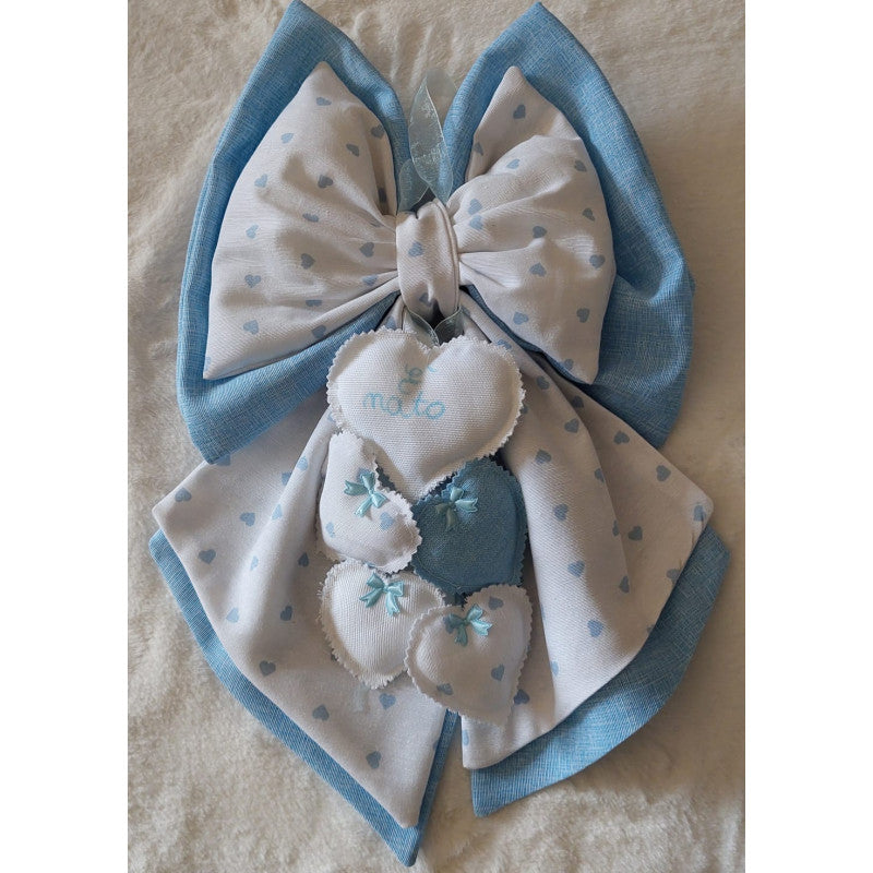 Handmade Blue Birth Announcement Bow with Hearts
