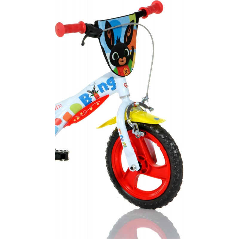 Bicicletta Bing 12";";Bicicletta Bing is a bicycle in black and red colors, featuring the beloved children's character Bing. It is available in various sizes, to be chosen based on the child's age."