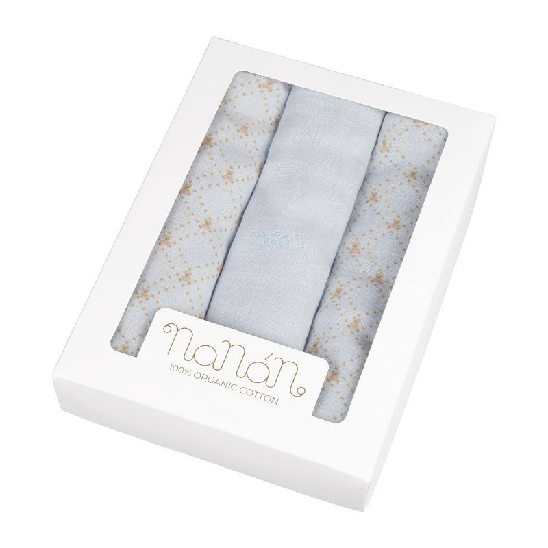 Set 3 mussole Nanan all over lettering 80x80 cm azzurro
