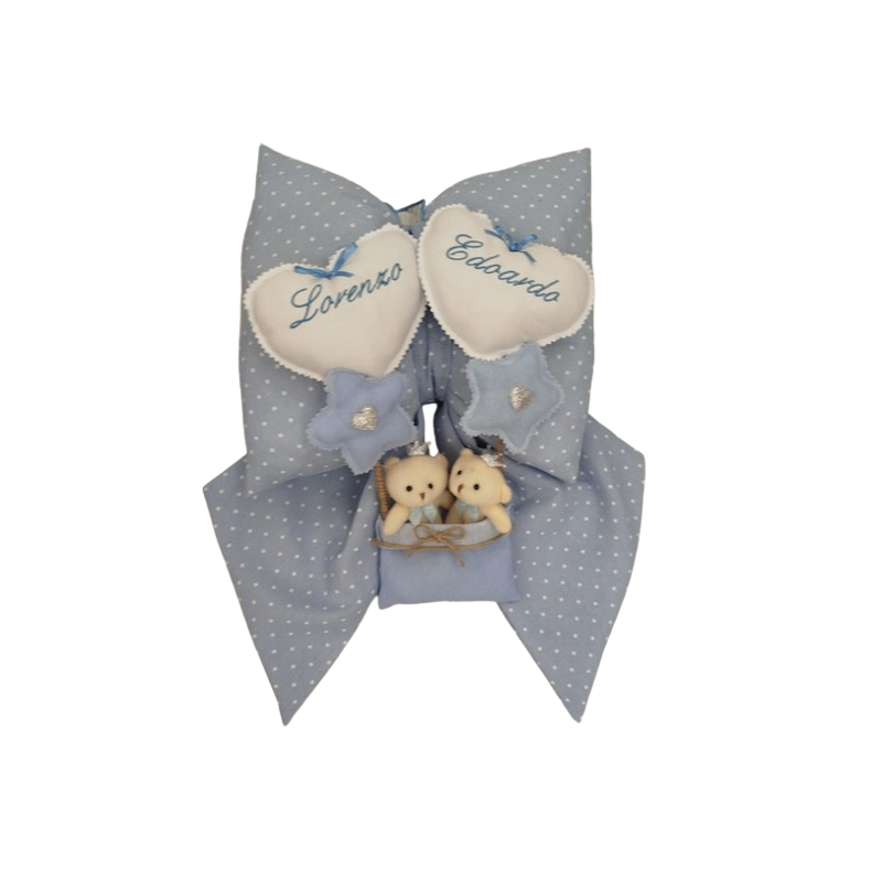 Blue Twins Birth Bow with Embroidery