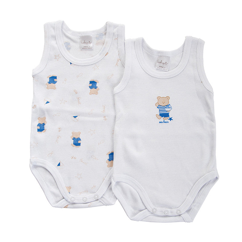 Set of 2 Blue Bear Short-Sleeved Baby Bodysuits - 9 Months