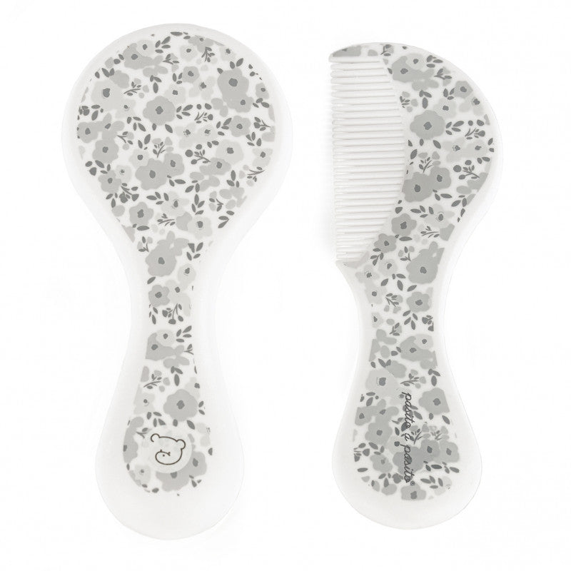 Pasito a Pasito - Ensemble brosse et peigne fleurs gris