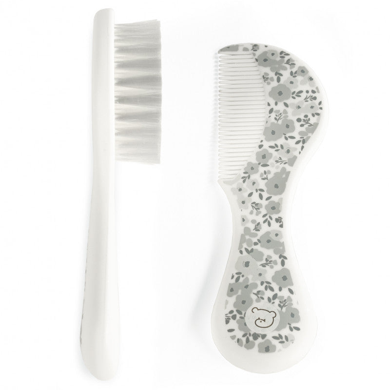Pasito a Pasito - Ensemble brosse et peigne fleurs gris